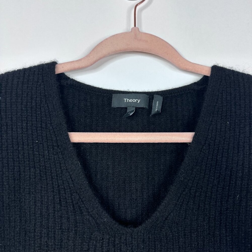 Theory V-Neck Ribbed Cuff Pullover Soft Cashmere Sweater Black Large #A1118 - Picture 7 of 10